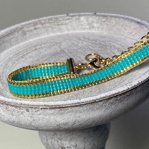 Teal and Gold  loom-beaded bracelet Miyuki Delica seed beads